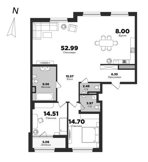 Prioritet, 2 bedrooms, 130.67 m² | planning of elite apartments in St. Petersburg | М16